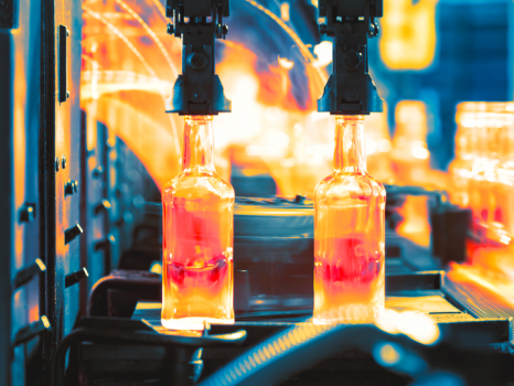 Výroba skleněných lahví.