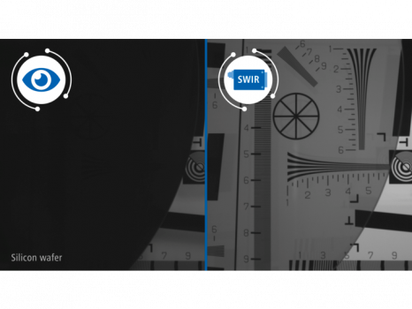 Křemíková destička při nasvícení viditelným světlem a zprůhlednění křemíkové destičky pomocí SWIR kamery o vlnové délce 1 550 nm.